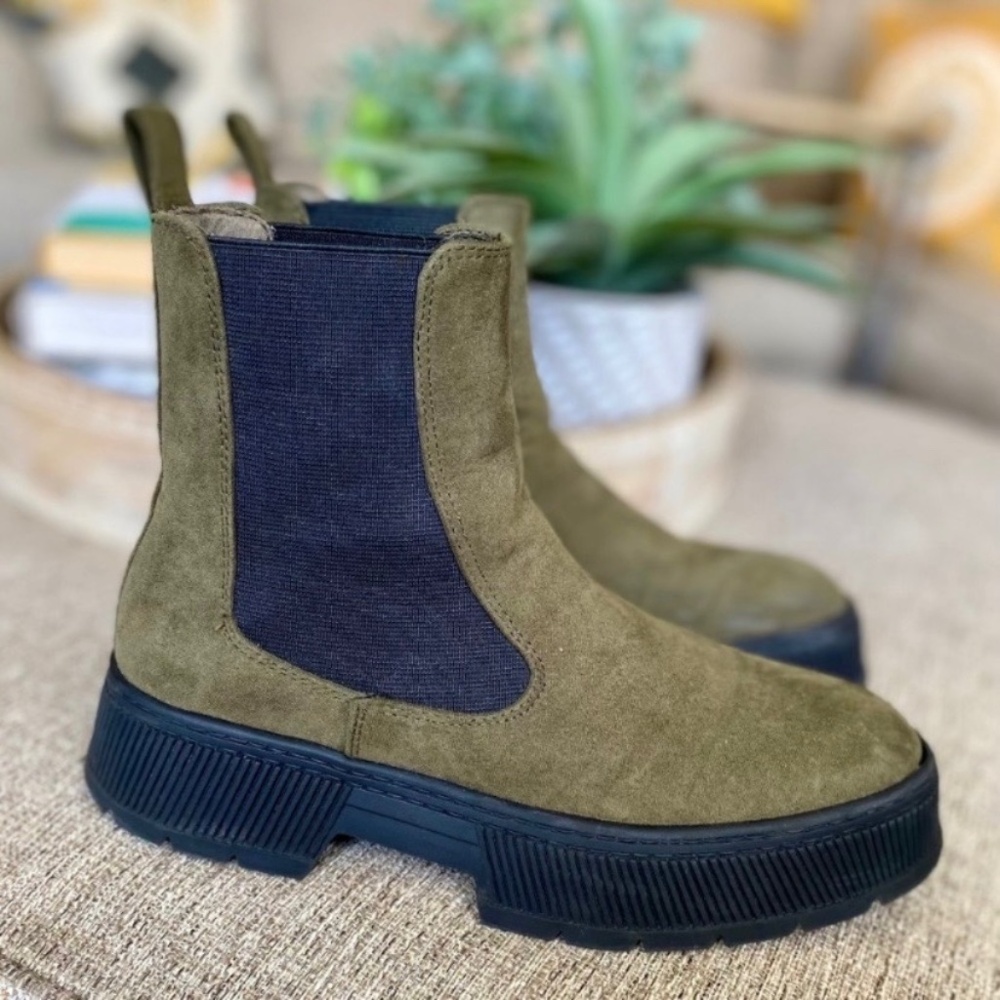 Olive Green Suede Ankle Combat Style Boots